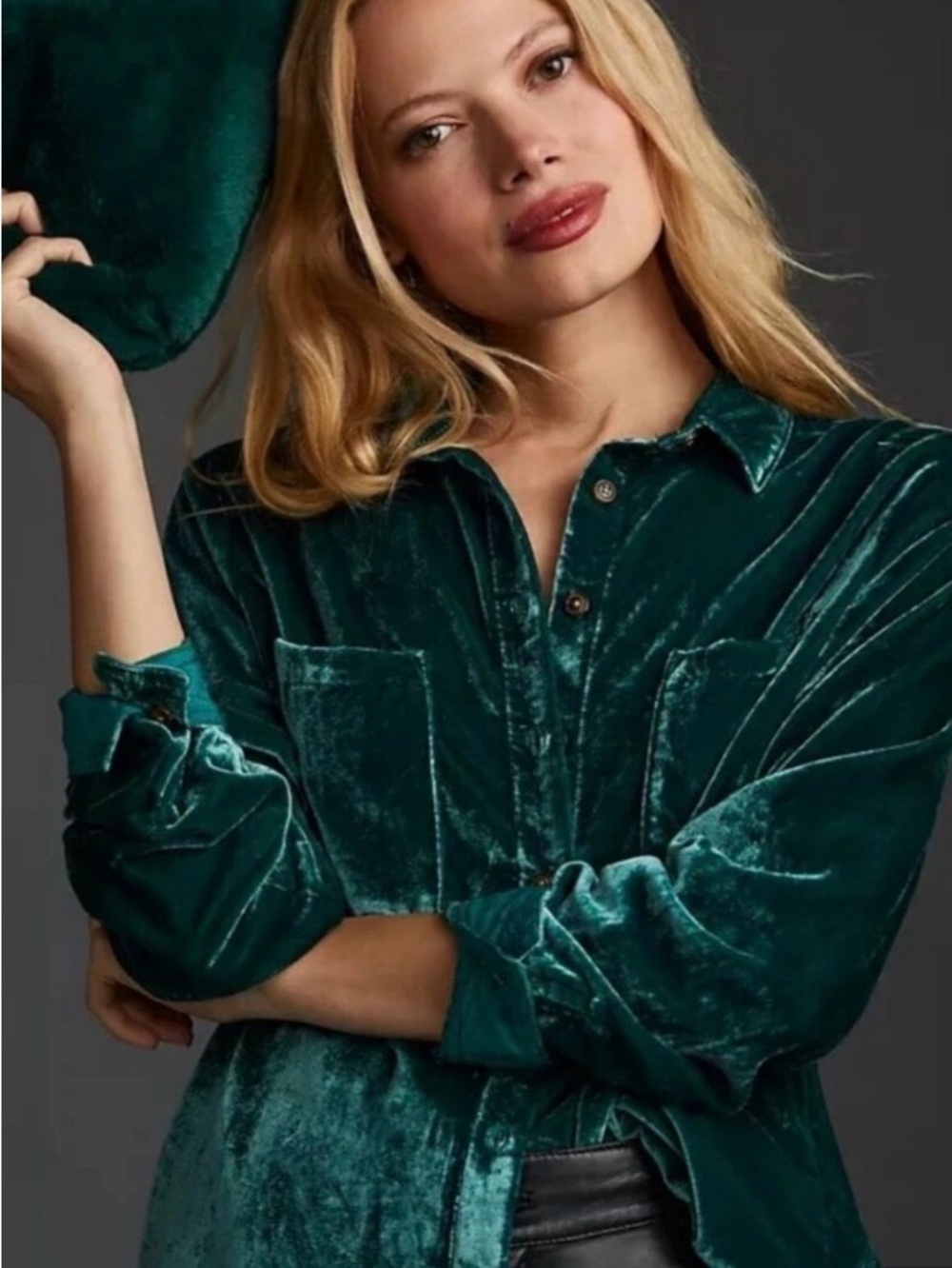 Anthropologie Teal Velvet Button-Front Shirt